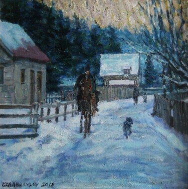 Schilderij getiteld "Mountains village" door Vasyl, Origineel Kunstwerk, Olie