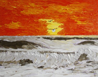 제목이 "Sunset and sea wave"인 미술작품 Gryg로, 원작, 기름 나무 들것 프레임에 장착됨