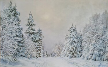 Schilderij getiteld "Снежная тишина" door Olga Batura, Origineel Kunstwerk, Olie Gemonteerd op Frame voor houten brancard