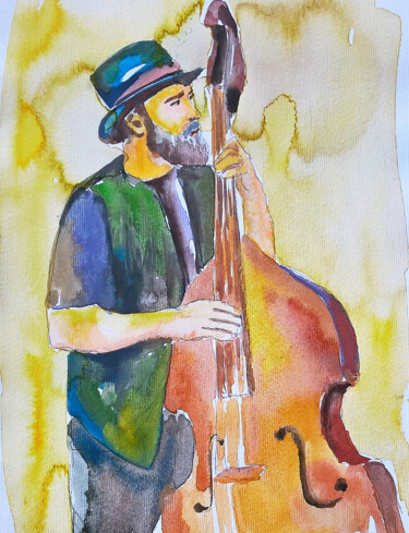 绘画 标题为“Contrabass” 由Andjela Milosevic, 原创艺术品, 水彩 安装在其他刚性面板上