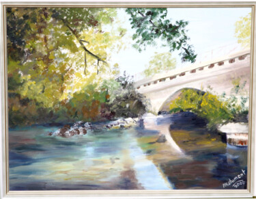 Painting titled "Pont sur la Sorgue" by Marie-Mathilde Dumont, Original Artwork, Oil Mounted on Wood Stretcher frame