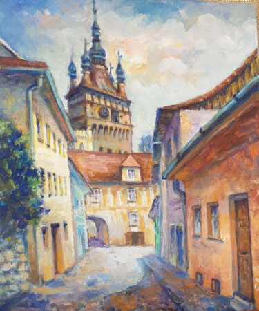 Painting titled "Turnul cu ceas din…" by Emily Ardelean, Original Artwork, Oil Mounted on Wood Stretcher frame