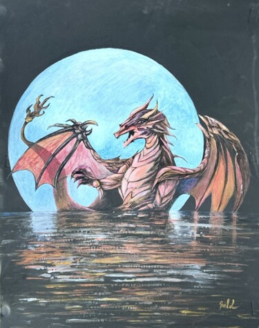 绘画 标题为“Dragon sur fond de…” 由Marie-Line Dromard, 原创艺术品, 丙烯
