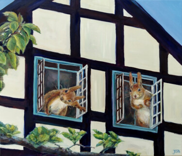 Two Squirrels At Home Painting titled "Two Squirrels At Ho…" by Jura Kuba, Original Artwork, Oil Mounted on Wood Stretcher frame