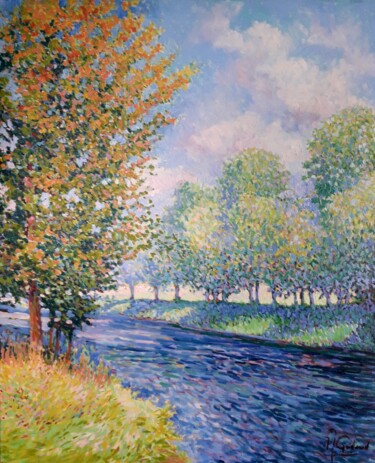 Peinture intitulée "Peupliers au bord d…" par Jm Guenard, Œuvre d'art originale, Huile