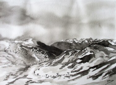 Peinture intitulée "Sommets enneigés II" par Navema, Œuvre d'art originale, Encre