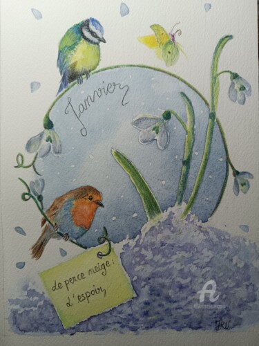 Le perce-neige, fleur de naissance du mois de janvier Peinture intitulée "Le perce-neige, fle…" par Valérie Jouffroy Ricotta, Œuvre d'art originale, Aquarelle