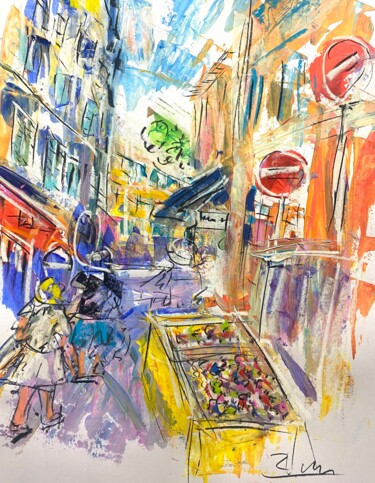Ruelle commercante en été Painting titled "Ruelle commercante…" by Regine Blot, Original Artwork, Acrylic Mounted on Wood Panel