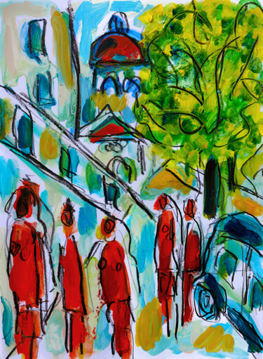 Painting titled "Piétons" by Jean Mirre, Original Artwork, Oil