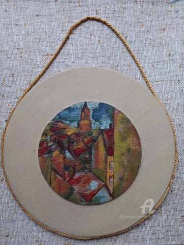 Painting titled "Veduta de Zemun" by Slobodan Spasojevic (Spaki), Original Artwork, Oil Mounted on Cardboard