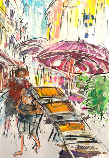 「Un couple en promen…」というタイトルの絵画 Regine Blotによって, オリジナルのアートワーク, アクリル ウッドパネルにマウント