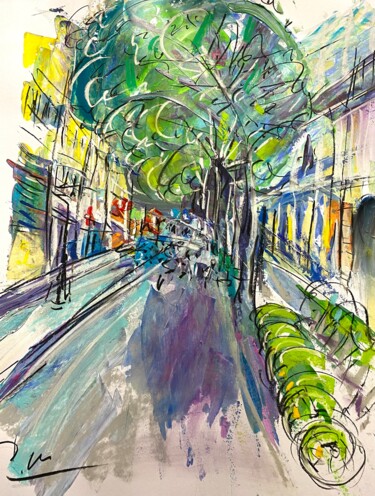 Painting titled "Rue vide avec des v…" by Regine Blot, Original Artwork, Acrylic Mounted on Wood Panel