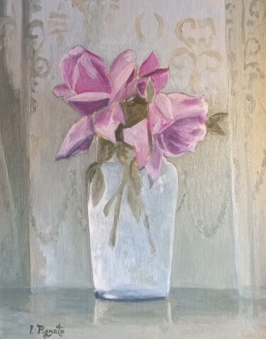 Pittura intitolato ""ROSE ANTICHE"" da Artepignato, Opera d'arte originale, Olio Montato su Pannello di legno