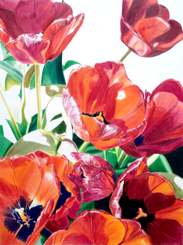 图画 标题为“Red flowers field” 由Sandrine Borgniet, 原创艺术品, 铅笔