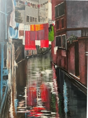 Peinture intitulée "Jour de lessive" par Jacques Dolley, Œuvre d'art originale, Acrylique Monté sur Châssis en bois