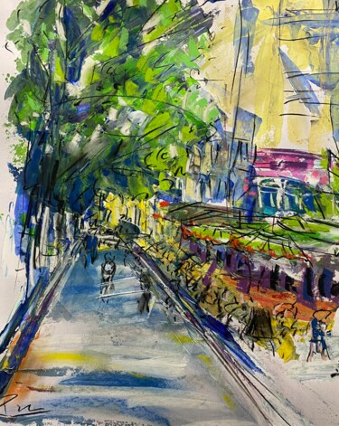 Café dans une rue avec des arbres Painting titled "Café dans une rue a…" by Regine Blot, Original Artwork, Acrylic Mounted on Wood Panel