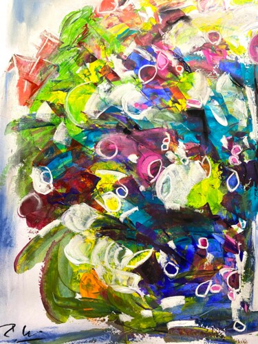 Bouquet en surabondance en bleu et rose Painting titled "Bouquet en surabond…" by Regine Blot, Original Artwork, Acrylic Mounted on Wood Panel