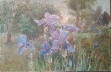 Painting titled "Sunset Irises" by Christina Lao, Original Artwork, Oil