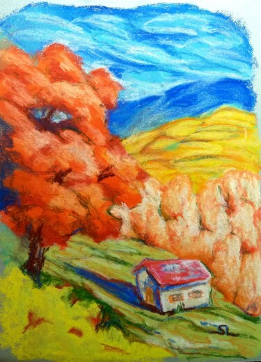 Paysage Montagne Vernajoul, Foix Ariège Pyrénées Occitanie Painting titled "Paysage Montagne Ve…" by Sandrine Lefebvre, Original Artwork, Pastel