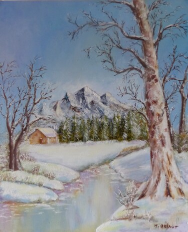 Painting titled "Cours d'eau à la mo…" by H. Oriaut, Original Artwork, Oil Mounted on Wood Stretcher frame