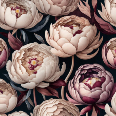 Warm beige burgundy, indigo Peony Vintage Botanical Artwork Peinture intitulée "Warm beige burgundy…" par Tatiana Malinovscaia, Œuvre d'art originale, Peinture numérique