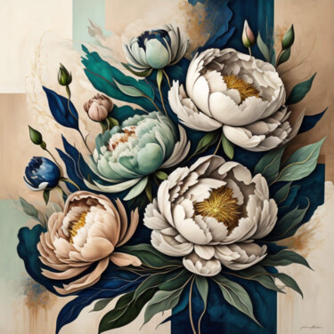 Warm beige, blue, white green, indigo Peony Vintage Botanica Painting titled "Warm beige, blue, w…" by Tatiana Malinovscaia, Original Artwork, Digital Painting