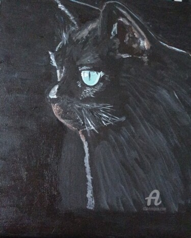 제목이 "Le chat noir"인 미술작품 Christel로, 원작, 아크릴 나무 들것 프레임에 장착됨