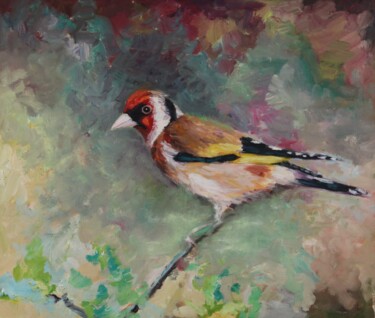Malerei mit dem Titel "Stieglitz" von Christa Riemann, Original-Kunstwerk, Acryl Auf Holzplatte montiert