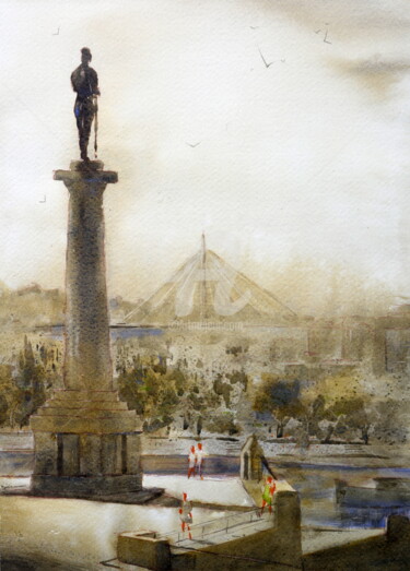 The winner statue and Ada bridge Belgrade 25x36 cm 2024 Картина под названием "The winner statue a…" - Nenad Kojić, Подлинное произведение искусства, Акварель