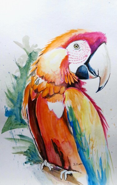 Dessin intitulée "Le ara qui rit" par Dominique Obry, Œuvre d'art originale, Aquarelle