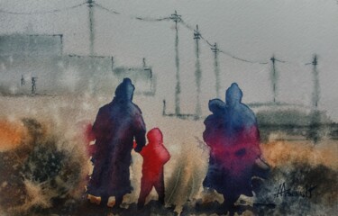 Painting titled "Immigrantes" by André Arsenault, Original Artwork, Watercolor Mounted on Wood Stretcher frame