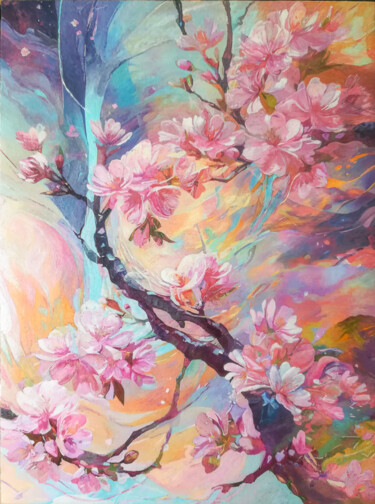 Painting titled "The dream of cherry…" by Nicoleta Nica, Original Artwork, Oil Mounted on Wood Stretcher frame