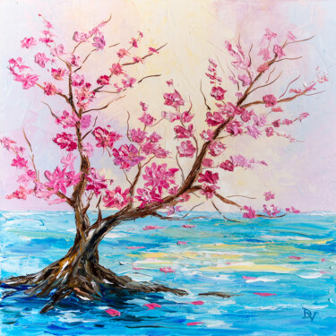 Painting titled "Lonely Sakura" by Vladyslav Durniev, Original Artwork, Oil Mounted on Wood Stretcher frame