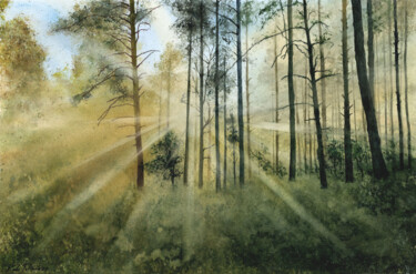 Painting titled "Sunlight in the for…" by Tetiana Koda, Original Artwork, Watercolor