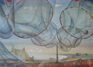 Fishermen's Shore Pittura intitolato "Fishermen's Shore" da Yuri And Irina Gretsky, Opera d'arte originale, Acquarello