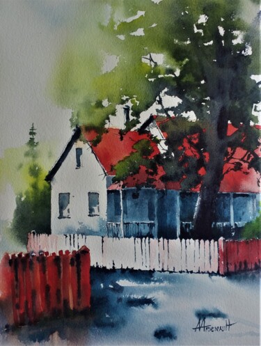 Painting titled "Splendeur campagnar…" by André Arsenault, Original Artwork, Watercolor Mounted on Wood Stretcher frame