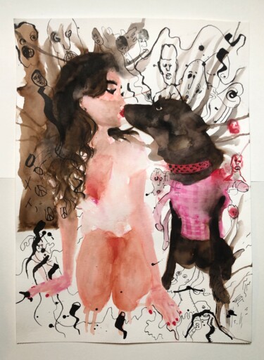 Painting titled "Amours chiennes" by Romano Valsky, Original Artwork, Watercolor