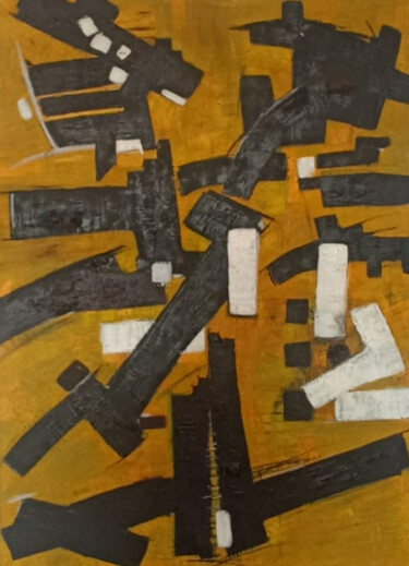 Painting titled "Yellow Mask" by Emili Vit, Original Artwork, Oil Mounted on Wood Panel