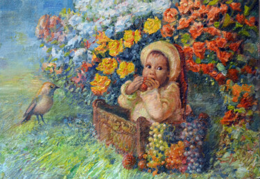 Peinture intitulée "Baby among flowers" par Sergei Lisitsyn, Œuvre d'art originale, Huile
