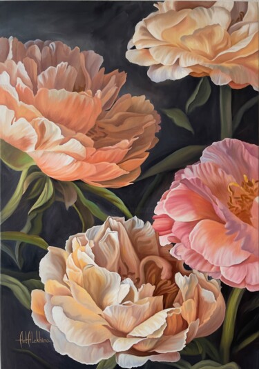 Painting titled "Peonies" by Anastasiia Alokhina, Original Artwork, Oil Mounted on Wood Stretcher frame