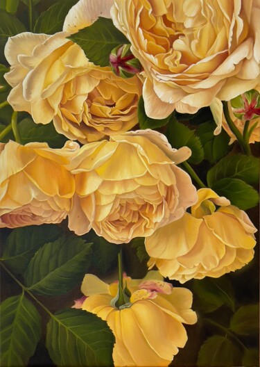 Painting titled "Yellow roses" by Anastasiia Alokhina, Original Artwork, Oil Mounted on Wood Stretcher frame