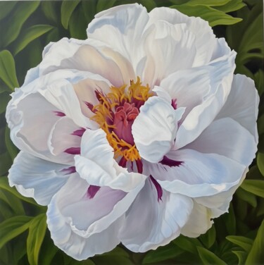 Painting titled "White peonies" by Anastasiia Alokhina, Original Artwork, Oil Mounted on artwork_cat.