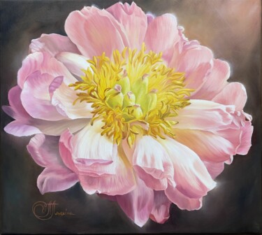 Schilderij getiteld "Sweet peony" door Anastasiia Alokhina, Origineel Kunstwerk, Olie Gemonteerd op Frame voor houten branca…