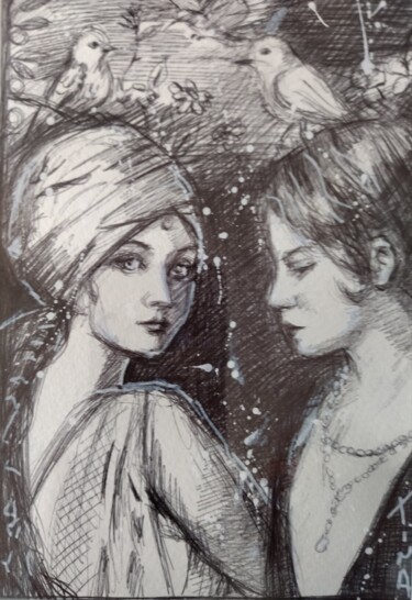 Dessin intitulée "Blanc et noir" par Martine Banacer, Œuvre d'art originale, Stylo à bille