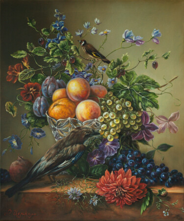 Painting titled "Still Life with Bir…" by Rita Cemkalo, Original Artwork, Oil