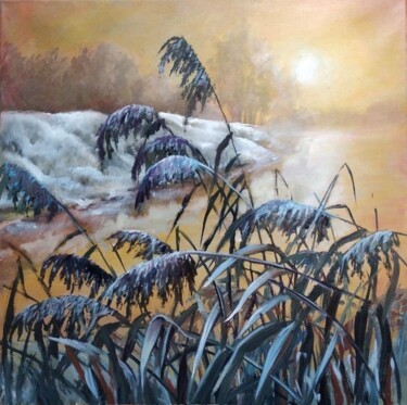 Painting titled "Золотой закат" by Tatiana Shmakova, Original Artwork, Oil Mounted on Wood Stretcher frame