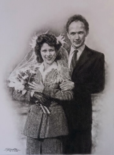 Drawing titled "Portrait mariage vi…" by Sylvie Geneste, Original Artwork, Charcoal