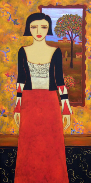 Painting titled "Woman with Evening…" by Karen Rieger, Original Artwork, Oil Mounted on Wood Stretcher frame