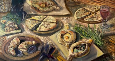 Painting titled "The Georgian Buns" by Mariia Gabelko, Original Artwork, Oil Mounted on Wood Stretcher frame