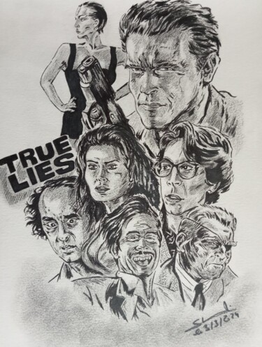 Illustration du film True Lies réalisé aux crayons et feutre 图画 标题为“Illustration du fil…” 由Gilles Staub (LeCrayonAgile), 原创艺术品, 铅笔